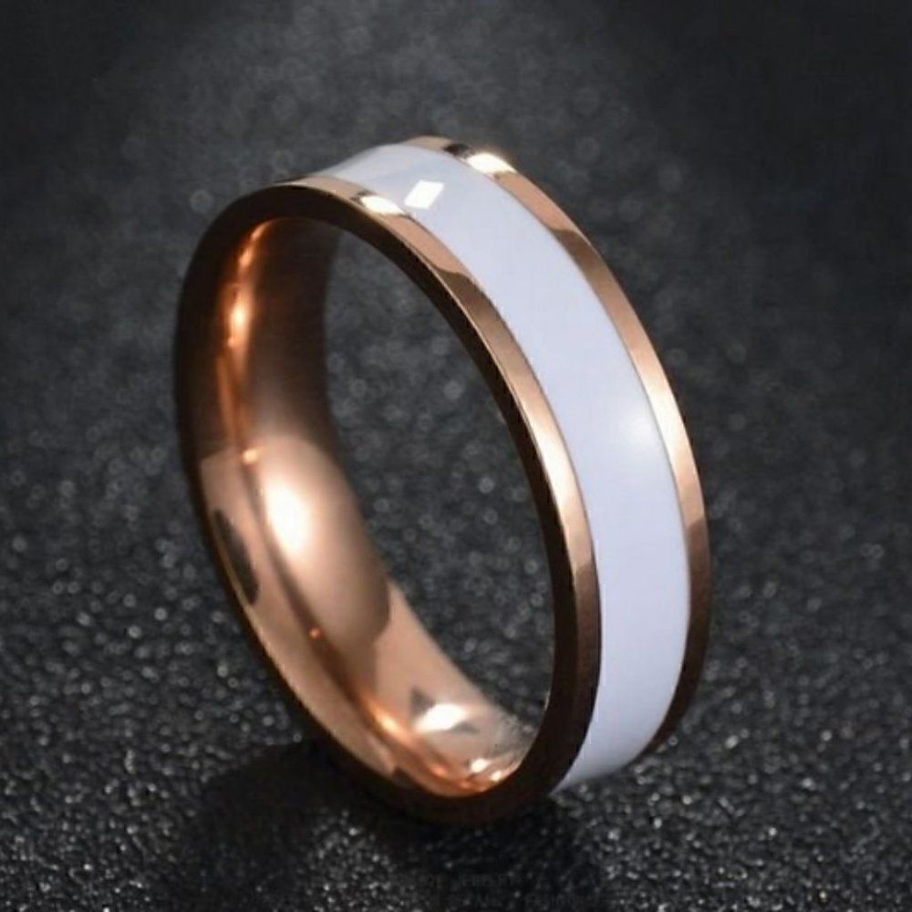 Men's Rose Gold Promise Ring Band - 14k Rose Gold and White Ceramic